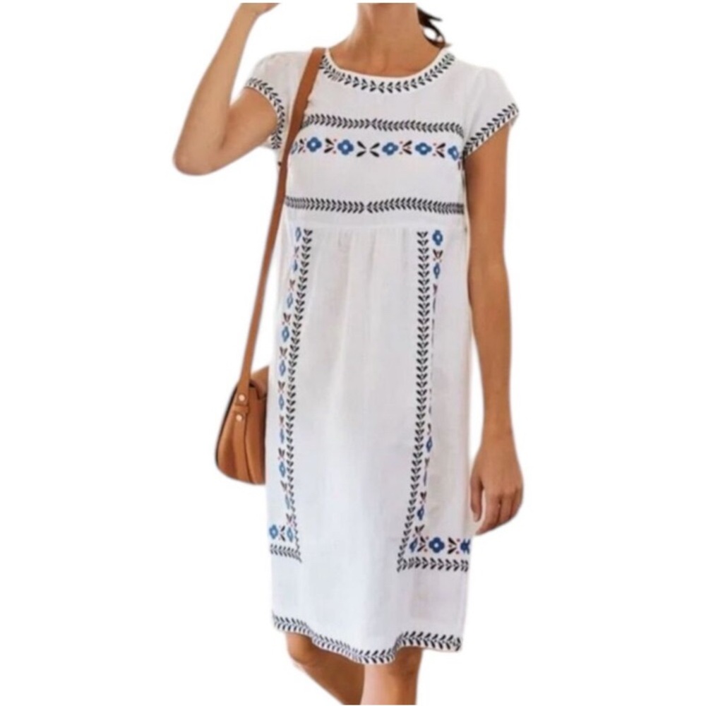 Boden Embroidered White Dress with Blue Accents